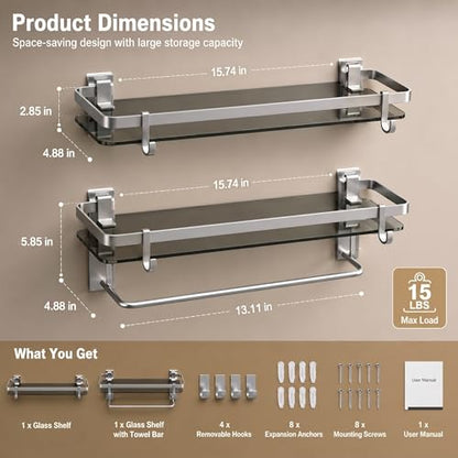 Glass Shelf for Bathroom 15.7 in Bathroom Shelves with Towel Bar Tempered Glass Shelves with 4 Removable Hooks for Wall（2 Tier） - color: Silver