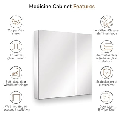 30" x 30" Bathroom Medicine Cabinet with Mirror, Recessed or Wall Mount | Medicine Cabinets with Adjustable Glass Shelves, Soft-Closed Hinge, Chrome Aluminum Frame, Reverse Installation - size: 30" x 30"