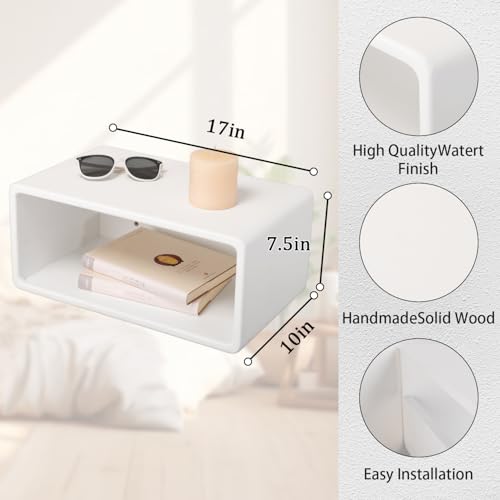 Floating Nightstand Wooden, Bedside Table, Nightstand Shelf, Handmade, Wall Mounted Bedside Shelf, Minimalist and Unique Style White 18”x 10”x 7.5” - color: B&white