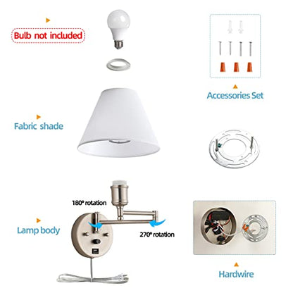 Swing Arm Wall Sconces, Plug-in Wall lamp,Bedroom Wall lamp ， White Fabric Shade，，with dimmable Switch and USB Charging Port, Suitable for Bedside, Living Room, Reading (Nickel) - color: Nickel