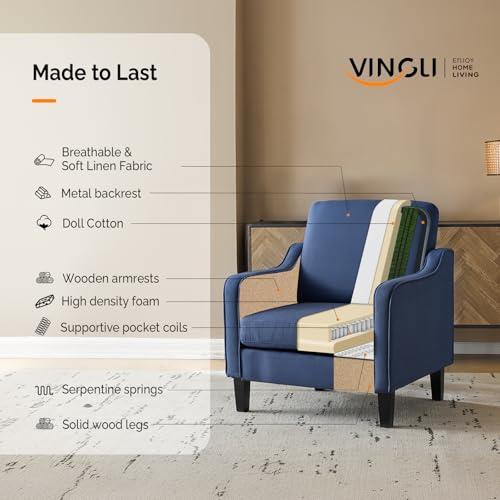VINGLI Mid century Modern Accent Chair,Navy Blue Fabric Accent Chairs for Living Room Upholstered Armchair with Scooped Arms for Bedroom,Apartment,Studio,Office,Waiting Room - color: Navy Blue