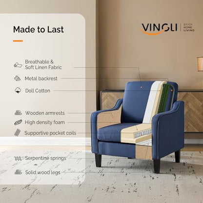 VINGLI Mid century Modern Accent Chair,Navy Blue Fabric Accent Chairs for Living Room Upholstered Armchair with Scooped Arms for Bedroom,Apartment,Studio,Office,Waiting Room - color: Navy Blue