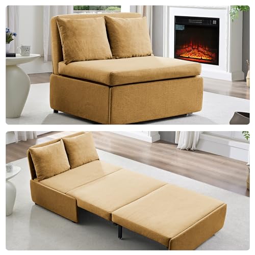 BALUS 43" W Twin Size Sleeper Couch Bed Pull Out Sofa with Pullout Beds, 2 in 1 Convertible Linen Single Sleepers Sofas Chair with Foldable Mattress and Pillows for Small Space Apartment, Yellow - color: Yellow, size: Twin