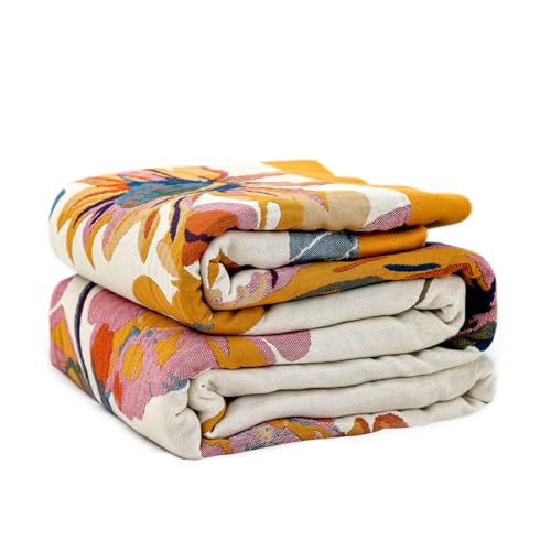 LUTBM Boho Throw Blanket for Couch 50"x60", 100% Cotton Summer Bed Blankets | Reversible Floral Butterfly Jacquard, All-Season, For Chair Sofa Living Room, Lightweight & Breathable Gauze, Bohemian Decor - color: Boho-floral-h, size: 50"×60"