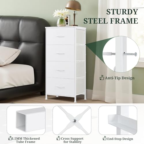 4 Drawer Dresser for Bedroom, Fabric Storage Drawer Unit with Wooden Top Steel Frame, Closet Organizer Chest of Drawers for Bedroom, Entryway, Dorm, White