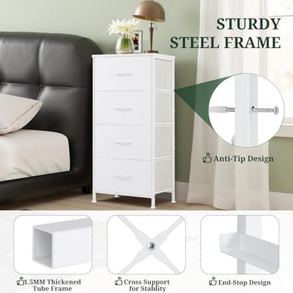 4 Drawer Dresser for Bedroom, Fabric Storage Drawer Unit with Wooden Top Steel Frame, Closet Organizer Chest of Drawers for Bedroom, Entryway, Dorm, White