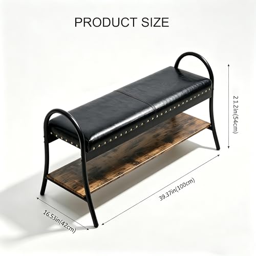Forteek 39.4'' Shoe Storage Bench, Entryway Bench with Storage Shelf | Faux Leather Padded Seat with Nailhead, Metal and Wood Shoe Rack Bench for Hallway, Entryway, Living Room, Easy Assembly - color: Black