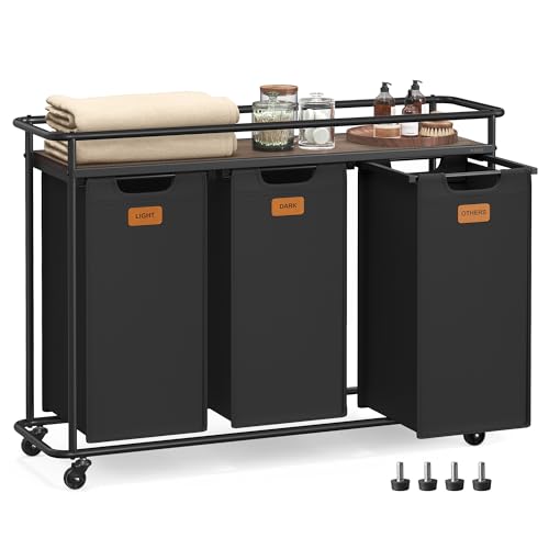 VASAGLE Laundry Sorter, Laundry Hamper with Wheels, 39.6 Gal. (150 L) Portable Rolling Cart Baskets with Shelf, 3 Removable Liners and 6 Labels, Ink Black and Chestnut Brown UBLH103BH01 - size: 3 Bags
