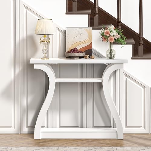 47" Narrow Console Table, Entry Table with Curved Legs, Sofa Table | Wood Console Table 3-tier Shelf Modern Accent Sofa Table for Entrance Area, Living room, Hallway (White) - color: White