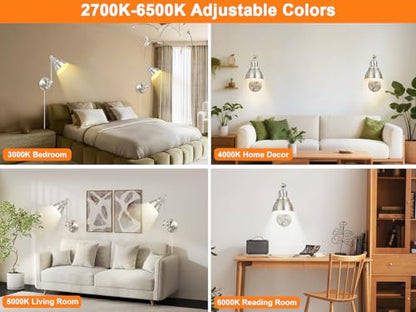 GOODATE 1 Pack Plug in Wall Sconce with Remote Control, Dimming, Adjustable Colors 2700K-6500K, Plug in Wall Light, Swing Arm Wall Lamp with Night Light & Timer, LED Bulb Included, Brushed Nickel - size: Brushed Nickel-1 PACK(Bulb+Remote)