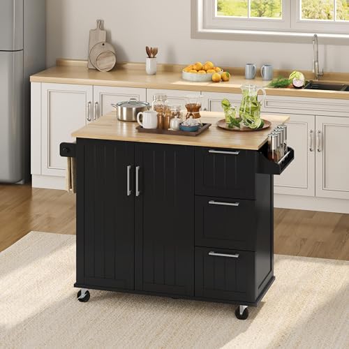 Yaheetech 49" Width Rolling Kitchen Island with Storage, Dropleaf, Black | Kitchen Island on 5 Universal Wheels with Rubberwood Top Storage Cabinet, 3 Drawers, Towel/Spice Rack for Dining/Living Room - color: Black, size: 49"W x 29.5"D x 36"H