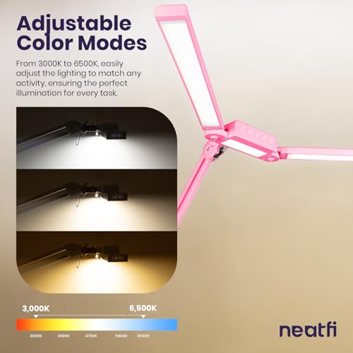 Neatfi Pro LED Desk Lamp | 3,000 Lumens | Dimmable 30W Desk Light | 360 SMD LEDs | CRI 95 | Adjustable Color Temperature | Home, Office, or Workbench (Pink, 41-Inch, CCT with Clamp) - color: Pink