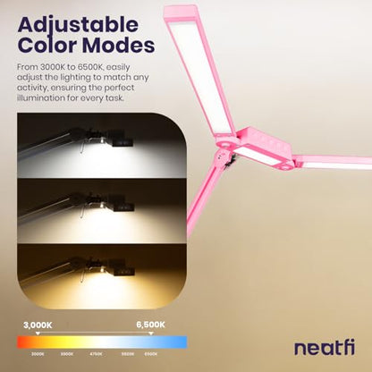 Neatfi Pro LED Desk Lamp | 3,000 Lumens | Dimmable 30W Desk Light | 360 SMD LEDs | CRI 95 | Adjustable Color Temperature | Home, Office, or Workbench (Pink, 41-Inch, CCT with Clamp) - color: Pink
