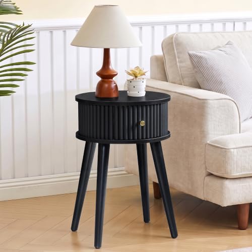Round Fluted Side Table Set of 2, Small End Table with Fluted Drawer, Mid-Century Modern Wooden Bedside Table Round Nightstand Small Sofa Side Table for Living Room(Black) - color: Black, size: 15.7"D x 15.7"W x 23.6"H