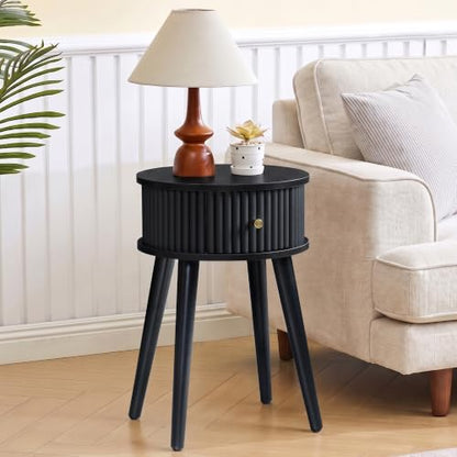 Round Fluted Side Table Set of 2, Small End Table with Fluted Drawer, Mid-Century Modern Wooden Bedside Table Round Nightstand Small Sofa Side Table for Living Room(Black) - color: Black, size: 15.7"D x 15.7"W x 23.6"H
