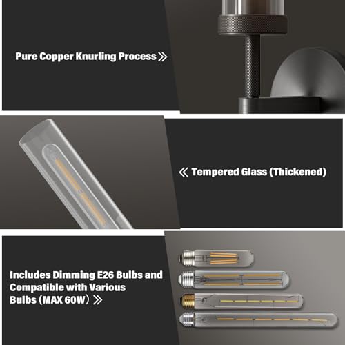 Brass Wall Sconces, 30in Black 2-Light Double Glass Sconces Wall Lighting, Bathroom Knurled Vanity Light Sconces, Wall Lights for Living Room Bedroom（Including Bulb） - color: Black- 30 inch-2 Pack, size: 2 Pack