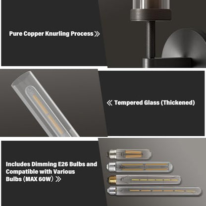 Brass Wall Sconces, 30in Black 2-Light Double Glass Sconces Wall Lighting, Bathroom Knurled Vanity Light Sconces, Wall Lights for Living Room Bedroom（Including Bulb） - color: Black- 30 inch-2 Pack, size: 2 Pack