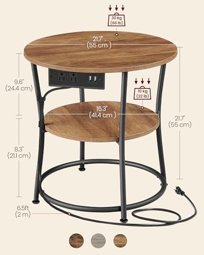 VASAGLE 21.7-Inch Round Side Table, 2-Tier End Table | Nightstand with Steel Frame, Spacious Top, for Small Spaces, Living Room, Bedroom, Honey Brown and Ink Black ULET077K02 - color: Honey Brown + Ink Black, style: With Power Strip