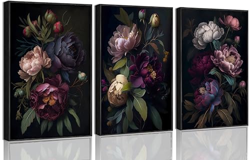 DYLGYWI 3 Pcs Moody Floral Canvas Wall Art Unframed | Vintage Dark Peony Flowers Botanical Still Life Picture Wall Decor Poster Print Artwork for Living Room Bedroom Women Room - color: Black-Poster, size: 24L" x 16W"