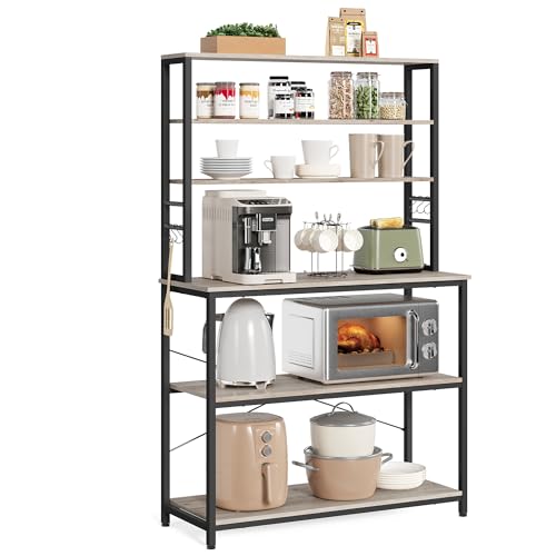 VASAGLE Coffee Bar, 39.4 Inches Baker's Rack for Kitchen with Storage, 6-Tier Kitchen Shelves with 6 Hooks, Microwave Stand, Industrial, Heather Greige and Ink Black UKKS039K02 - color: Heather Greige + Ink Black, size: 39.4"W, style: No Power Outlet