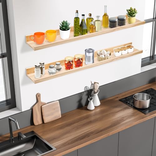 MBYD 48 Inch Natural Pine Wood Floating Shelves, 5.1 Inch Wide Picture Ledge Set of 2, Wall Mount Unfinished Can be Stained Nursery Book Shelves for Kids Bedroom Living Room Bathroom Kitchen - color: Natural, size: Set of 2 48in