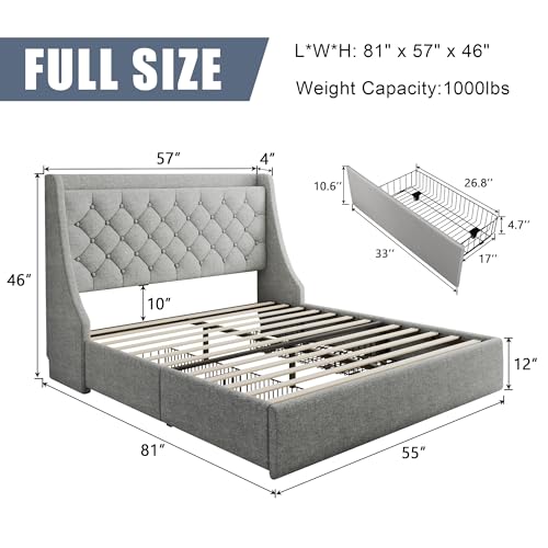 Full Size Upholstered Platform Bed Frame with 4 Storage Drawers and Charging Station, Linen Button Tufted Wingback Headboard, Sturdy Wooden Support Slats, No Box Spring Needed, Light Grey - color: Light Gray, size: Full