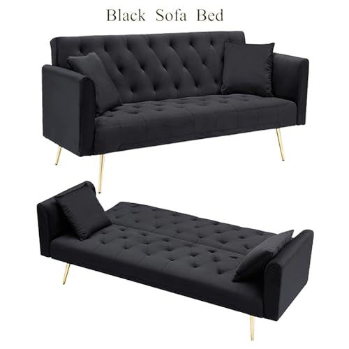 Anwick 72''Modern Velvet Sofa Bed Futon,Convertible Folding Sleeper Couches with 3 Adjustable Backrests,Tufted Recliner Loveseat with Golden Chrome Legs for Living Room Apartment Office (Black) - color: Black