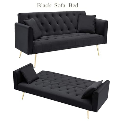 Anwick 72''Modern Velvet Sofa Bed Futon,Convertible Folding Sleeper Couches with 3 Adjustable Backrests,Tufted Recliner Loveseat with Golden Chrome Legs for Living Room Apartment Office (Black) - color: Black