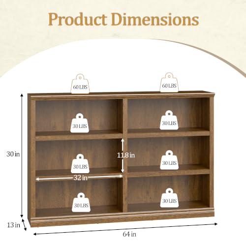 blini Low Horizontal Bookshelf Double Wide Bookcase 64" 3-Tier Book Shelf 6 Cube Storage Organizer Vintage Oak Wooden Bookcases for Bedroom and Home Office Decor Display - color: Vintage Oak, size: 3-shelf