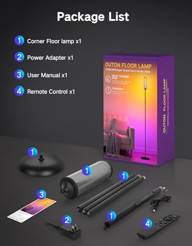 OUTON Bright Smart Floor Lamp with Remote, App & Touch Control, RGB Color Changing Standing Lamp, 2200K-6500K Dimmable, 3 Adjustable Heights, 32 Scenes for Living Room Bedroom Office,Black & Glass - color: Black & Glass Shade