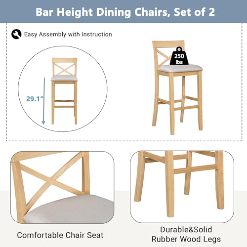3 Piece Counter Height Dining Table Bar Table Set with 2 Chairs, Small Kitchen Table Breakfast Nook for 2, Good for Bar or Small Space, Natural - color: Natural