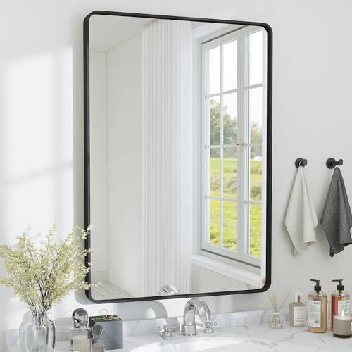 36x24 Bathroom Mirror Rect Wall Mounted Aluminum Metal Frame Black | HD Crystal Clear Tempered Glass,Make-Up Vanity Mirrors for Bedroom,Entryway,Bathroom,Living Room,Horizontally or Vertically - color: Black, size: 24"L x 36"W