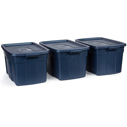 Rubbermaid Roughneck Tote 31 Gal, 3 Pack, Made in USA, Dark Indigo Metallic, Rugged Plastic Stackable Storage Bins with Lids and Handles - size: 31 Gal - 3 Pack