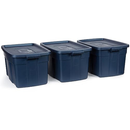 Rubbermaid Roughneck Tote 31 Gal, 3 Pack, Made in USA, Dark Indigo Metallic, Rugged Plastic Stackable Storage Bins with Lids and Handles - size: 31 Gal - 3 Pack