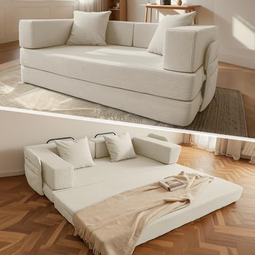 5-in-1 Futon Sofa Bed Queen Floor Convertible Couch Foldable Lounge White | Multi-Position Convertible Lounge Couch for Guest Room & Apartment, Removable Washable Cover, Space Saving - color: Beige
