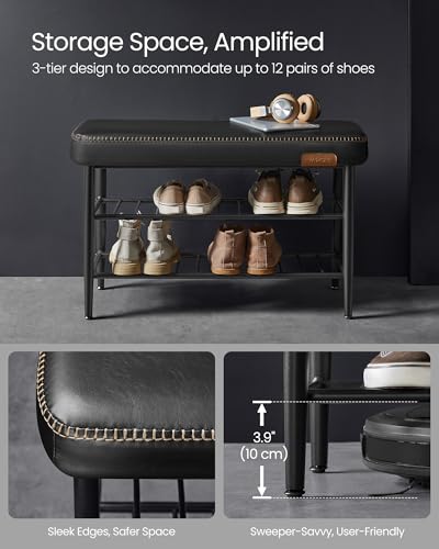 VASAGLE Shoe Bench, Synthetic Leather with Stitching, Loads 300 lb | Shoe Rack Bench Entryway, Mid-Century Modern, 31.5 x 11.8 x 19.7 Inches, Ink Black, EKHO Collection ULSB054B01 - color: Ink Black, size: 31.5"W