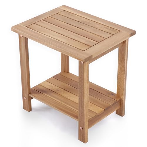 Solid Acacia Wood Side Table with 2-Tier Storage, Weather-Resistant Outdoor Indoor End Table, Natural Rustic Color Night Stand - color: Natural