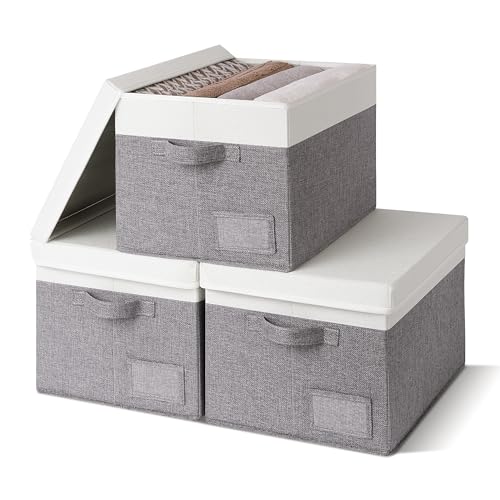 GRANNY SAYS Storage Bins with Lids, Decorative Storage Boxes with Lids | Storage Box with Dust Cover, Handles & Lable, Collapsible, Ideal for Closet Clothes Blanket Toys, Large, White&Gray, 3-Pack - color: White&Gray, size: Large