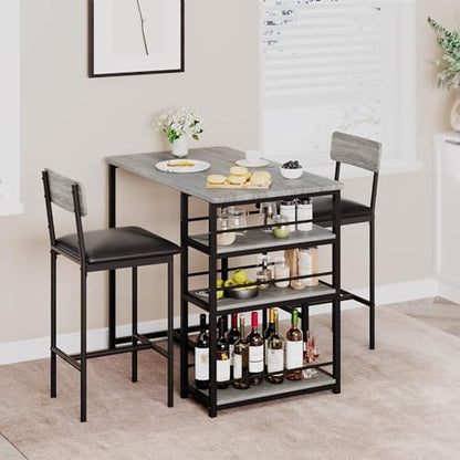 Dining Table Set for 2, 3-Piece Bar Table Set with 2 Stools, Space-Saving Counter Height Dining Set with 3-Tier Storage Shelves for Small Kitchens, Apartments, Breakfast Nooks - color: Grey