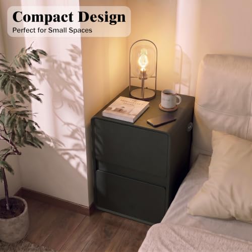 Modern Leather Nightstands Set of 2, Solid Wood Bedside Table with 2 Drawers & USB Charging Station, Preassembled End Table Small Nightstand for Bedroom Living Room Office, Black - color: Black, size: 16"
