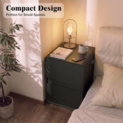 Modern Leather Nightstands Set of 2, Solid Wood Bedside Table with 2 Drawers & USB Charging Station, Preassembled End Table Small Nightstand for Bedroom Living Room Office, Black - color: Black, size: 16"