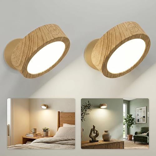 EZVALO LED Wall Mounted Light, 3000mAh Rechargeable Cordless Wall Sconce, Dimmable with Remote & Touch Control, 3 Color Temps, 360° Rotatable for Bedroom, Bedside, Reading(Wood, 2Pack) - color: Wood Grain