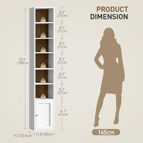 7-Tier Tall Narrow Bookshelf with Door, 70.9 Inches CD DVD Slim Media Tower Rack with Storage Cabinet, Adjustable Shelves, Skinny Bookshelf Display Bookcase for Home Office, White and Walnut - color: White + Walnut