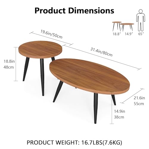 2-Piece Oval & Round Nesting Coffee Table Set | Separable to Serve as Individual Side Tables, Equipped with 7 Glossy Smooth Painted Metal Legs