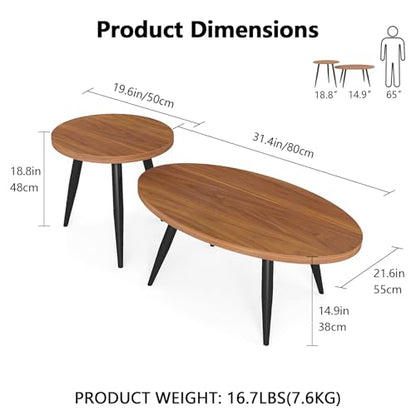 2-Piece Oval & Round Nesting Coffee Table Set | Separable to Serve as Individual Side Tables, Equipped with 7 Glossy Smooth Painted Metal Legs