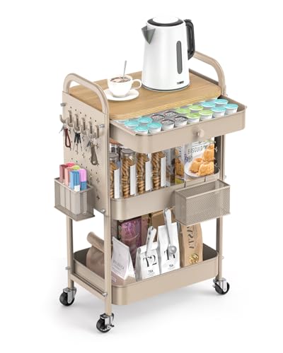 ALVOROG 3 Tier Metal Rolling Cart with Drawer,Wood Top,Pegboards,Khaki | Storage Utility Cart with Drawers,Pegboards,Lockable Wheels,Baskets,Hooks for Kitchen,Office,Bedroom,DIY Supplies - color: Beige
