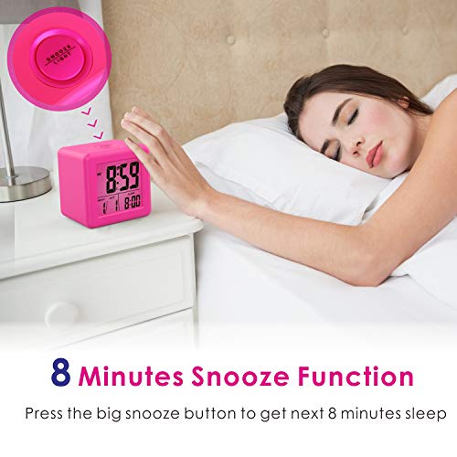 Plumeet Digital Kids Alarm Clock with Snooze and Nightlight - Easy Setting Silicone Clock Display Time, Date - Loud for Bedroom - Battery Powered (Pink) - color: Hot Pink