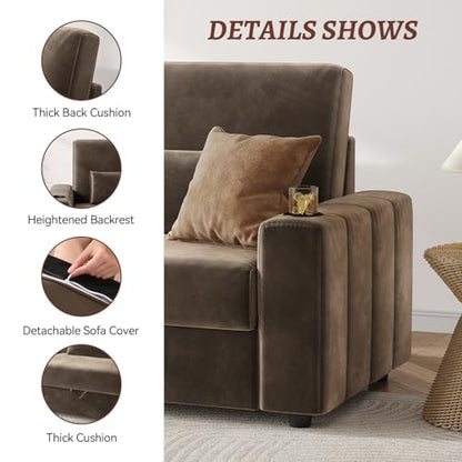 COPIAE Loveseat Sofa, Larger Couch Velvet Fabric with Storage, Charging Ports, Heightened Backrests, Removable Cover Modern Comfy Couches Easy Assembly for Living Room,88 Inch Dark Brown - color: Dark Brown