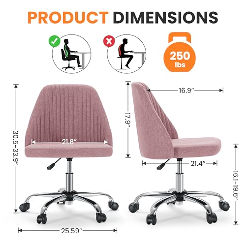 Simple Deluxe Armless Office Desk Chair, Modern Cute Swivel Vanity Chair Comfy Home Office Chairs with Wheels Height Adjustable Rolling Computer Task Stools for Living Room, Make-up, Bedroom, Pink - color: Pink