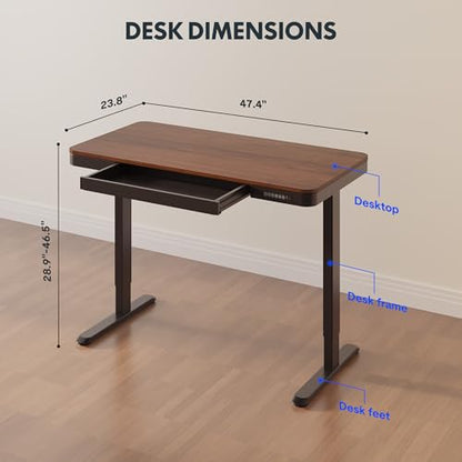 FLEXISPOT Comhar 48" Electric Standing Desk with Storage, Built-in Drawer & USB Charging Ports, Height Adjustable Sit Stand Computer Desk, Quick Assembly, Child Lock, Walnut - size: 48"Dark Walnut/Black